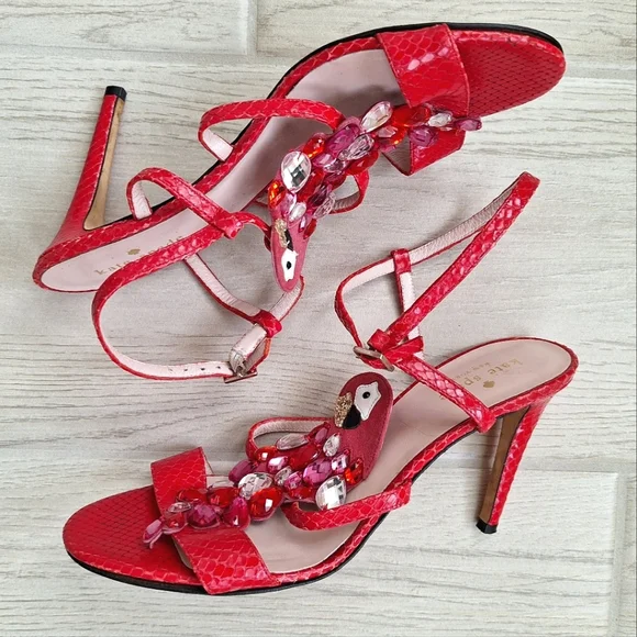 Kate Spade Red Idalou Parrot Sparkly Gem Ankle Strap Heels - Size 9 - Picture 10 of 13